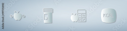 Set Calorie calculator, Vitamins, and Kcal. Paper art style. Vector