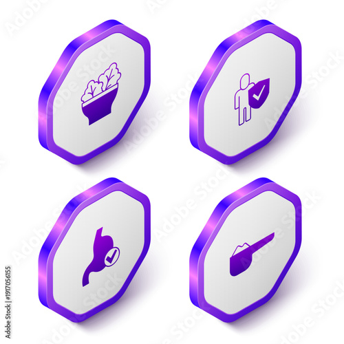 Set Isometric Salad in bowl, Healthy lifestyle, Human stomach health and Sports nutrition proteine icon. Purple hexagon button. Vector