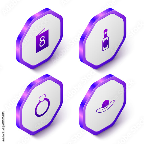 Set Isometric Greeting card with 8 March, Champagne bottle, Diamond engagement ring and Elegant women hat icon. Purple hexagon button. Vector