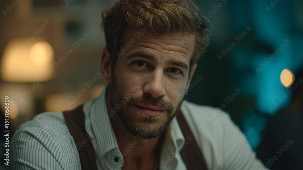 Obraz premium A man with a beard and wavy hair, looking at the camera indoors.