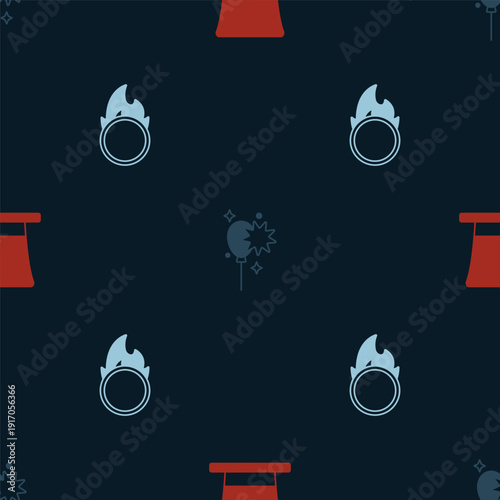 Set Cylinder hat, Balloons with ribbon and Circus fire hoop on seamless pattern. Vector