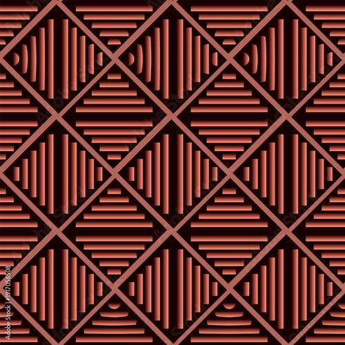 Seamless pattern. Modern, stylish texture. A regularly repeating geometric pattern consisting of squares inscribed with symmetrical linear patterns in terracotta tones on a dark background. 