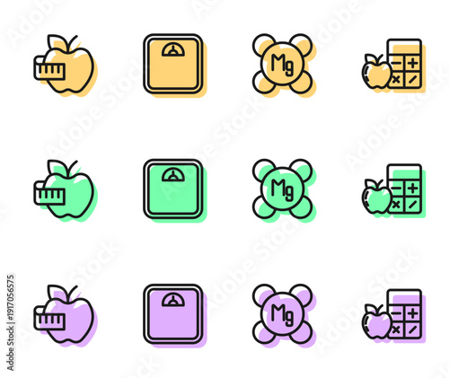 Set line Magnesium, Apple and measuring tape, Bathroom scales and Calorie calculator icon. Vector