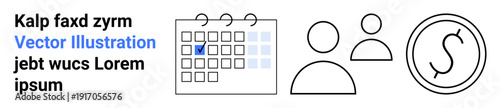 Business planning, teamwork, scheduling, finance management, calendar tools, collaboration. Minimalistic icons include a marked calendar, two users and a dollar sign. Scheduling and teamwork