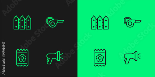 Set line Garden hose, Pack full of seeds, fence wooden and Leaf garden blower icon. Vector