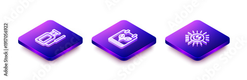 Set Isometric line Garden sprayer for water, Calendar with autumn leaves and Sun icon. Vector