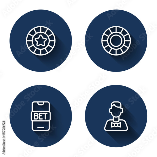 Set line Casino chips, Online sports betting and dealer with long shadow. Blue circle button. Vector