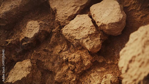 Weathered layered rock and dry soil showing rough, earthy brown textures and crumbling sedimentary layers, close up abstract landscape pattern of erosion and geology