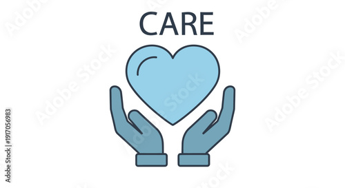 Hands cradling a blue heart icon with the word care above