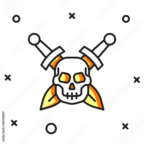 Filled outline Crossed medieval sword with skull icon isolated on white background. Medieval weapon. Flat filled outline style with shadow. Vector