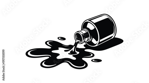 Black ink spilling from tipped bottle liquid