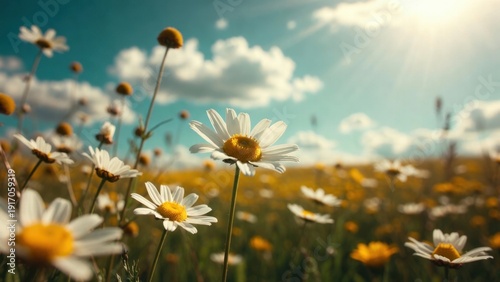 Bright daisies blooming in a sunlit field with blue sky and clouds.