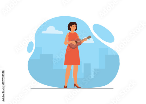 Urban music celebration. Young girl in red dress plays ukulele. Young talents vector illustration on blue background.