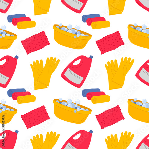 Household cleaning seamless pattern: soapy water, brushes, specialized cleaning products. Repeating background for wallpapers.