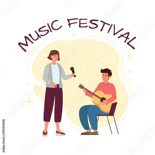 Music festival. Young male guitarist plays guitar sitting on chair. Girl holds microphone. IIllustration of music celebration