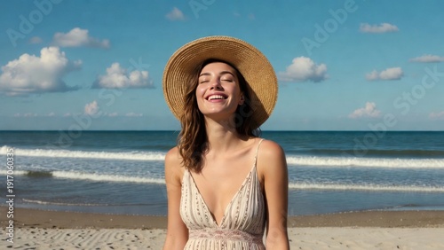 Caucasian young female enjoying sunny day at beach with straw hat and ocean backdrop.