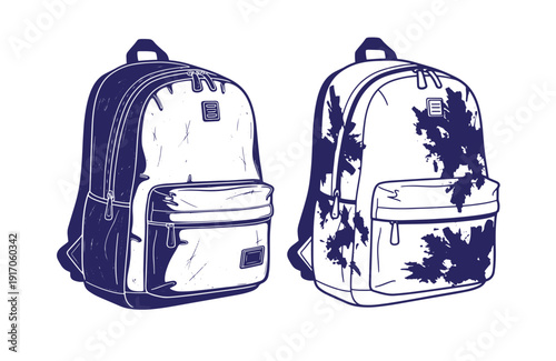 Grunge texture Two backpacks with different designs on white background for travel or school use Vintage Style