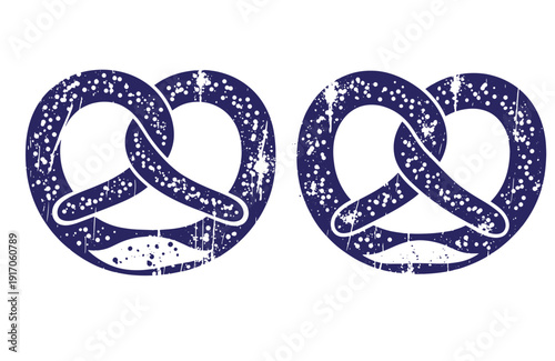 Grunge texture Two blue pretzels with white splatters on white background Vintage Style