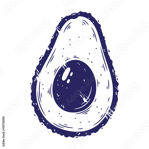 Grunge texture Avocado half with pit drawn in blue on white background  healthy food illustration Vintage Style