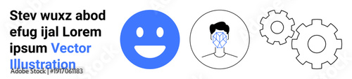 Technology, automation, facial recognition, workflow efficiency, digital identity, cybersecurity. Blue happy face, facial recognition over human image outline gear icons. Facial recognition