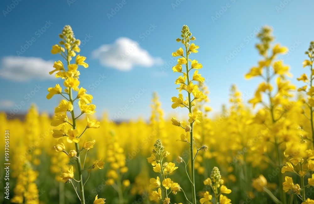 Obraz premium Vast yellow rapeseed flower field under bright blue sky with fluffy clouds. Blooming oilseed plants grow abundantly across rural landscape. Agricultural crop blooms in spring.