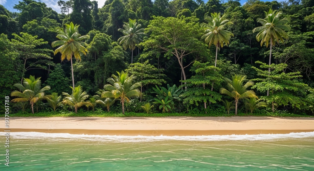 Obraz premium Tropical Clear Ocean Beach with Dense Jungle
