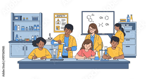 Students conducting experiments in a laboratory setting with equipment and safety gear