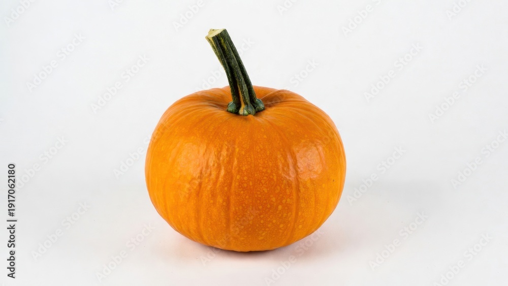 Obraz premium Bright orange pumpkin with stem on white background.