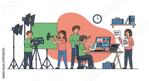 A team of people working together on a project in a studio with camera equipment and computers