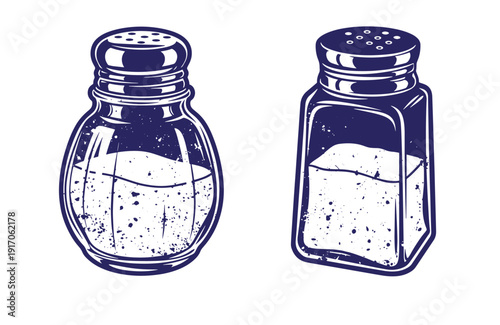 Grunge texture Two salt shakers with lids on white background for seasoning food in kitchen  saltshakers with salt inside Vintage Style