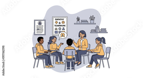 A group of business professionals engaged in a meeting around a table, discussing documents and ideas in a modern office setting, viewed from above