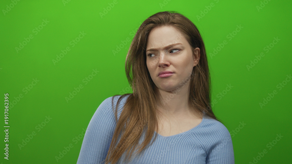 Fototapeta premium Woman wearing blue top scowls with pouty lips and long hair and turns head sideways in green studio; disgust.