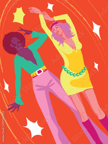 Young funny couple on the dance floor. Disco party invitation card with grunge effect. Handmade drawing vector illustration. Vintage style. Pop art.