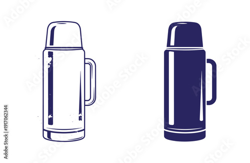 Grunge texture Two thermoses one shiny and one matte finish side by side on white background Vintage Style