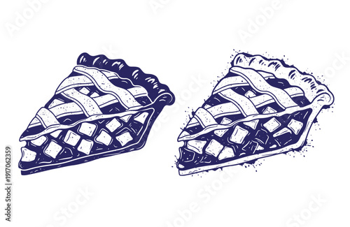 Grunge texture Two slices of pie with lattice crusts on white background Vintage Style