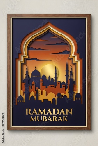 Beautiful layered paper-cut illustration poster of Islamic city skyline and mosque minarets at sunset