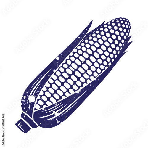 Grunge texture Grungy illustration of a corn on the cob with stylized husk and kernels in dark blue  food icon Vintage Style