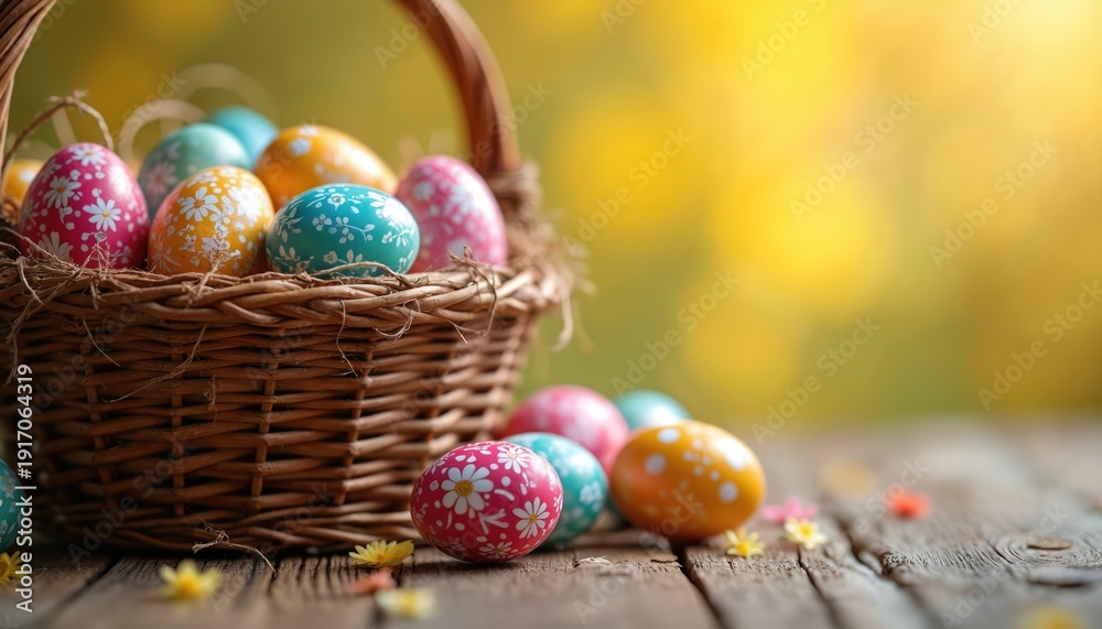 Fototapeta premium Wicker basket overflows with colorful ornate Easter eggs, some rest on rustic wooden table. Small flowers scatter around, bright spring background.