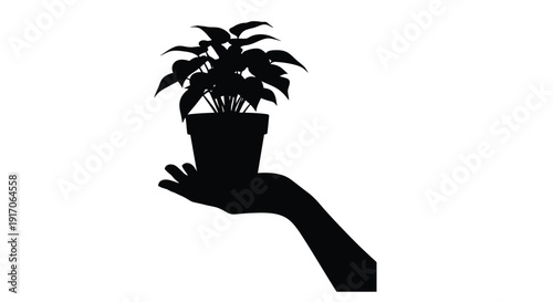 A silhouetted hand gently holds a potted plant against a white background