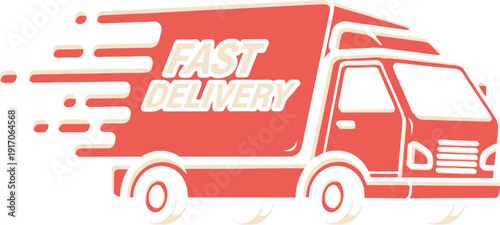 Stylized illustration depicting a vibrant red delivery truck moving rapidly to signify urgent and expedited shipment services across dark backgrounds for maximum impact.
