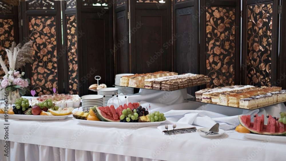 Obraz premium Elegant dessert buffet table featuring platters of fresh fruit and assorted sliced cakes at an event