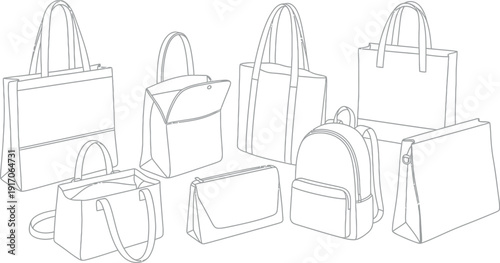 Collection of various black and white outline vector drawings depicting different styles of reusable shopping totes backpacks and small accessories ready for customization