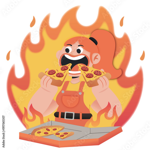 Fiery cartoon character with flames devouring a spicy pizza slice with pepperoni and chili peppers, vector illustration for food fun