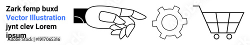 Hand gesture pointing at gear and shopping cart icon highlights workflow, decisions, and commerce. Ideal for business, teamwork, online shopping, strategy, collaboration, planning simple landing