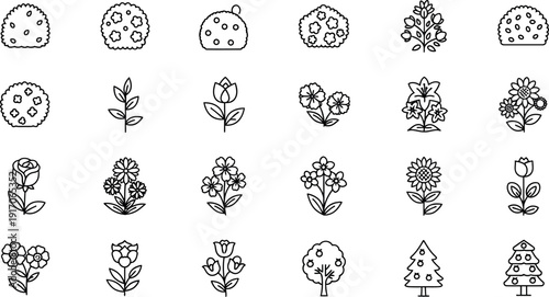 Collection of twenty distinct black and white outline icons featuring various stylized flora including bushes flowers leaves and different types of trees perfect for nature designs