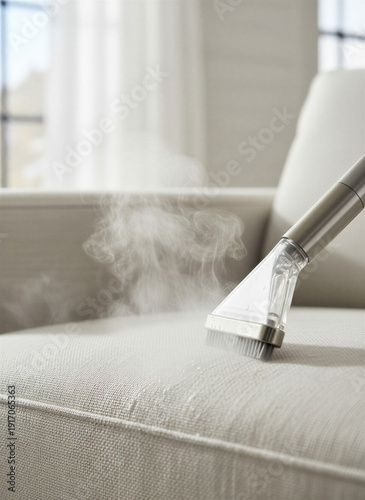 Steam upholstery cleaner nozzle sanitizing fabric sofa in bright living room