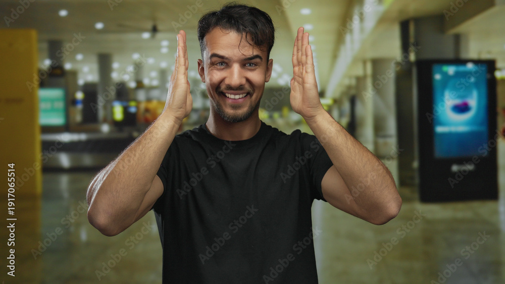 Obraz premium Young hispanic man smiling inside airport terminal with hands framing face conveying joy and excitement in modern indoor travel environment.