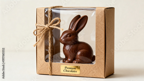 Minimalist chocolate Easter bunny in clear-top box, rich brown and natural cardboard packaging for premium holiday gift banner