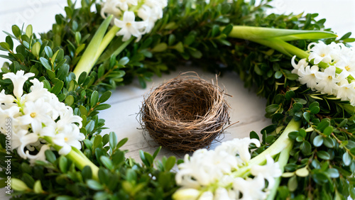 Lush green boxwood wreath with white hyacinths and small woven nest, fresh spring decor on neutral background for seasonal layout