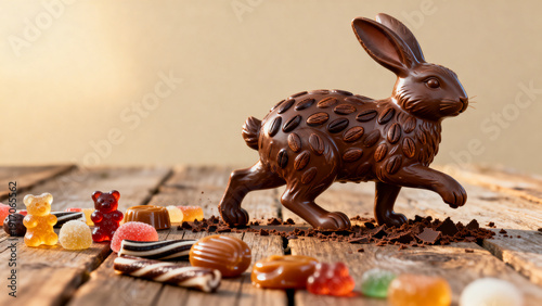 Chocolate bunny with coffee-bean decoration among colorful candies on warm beige background for festive confectionery feature